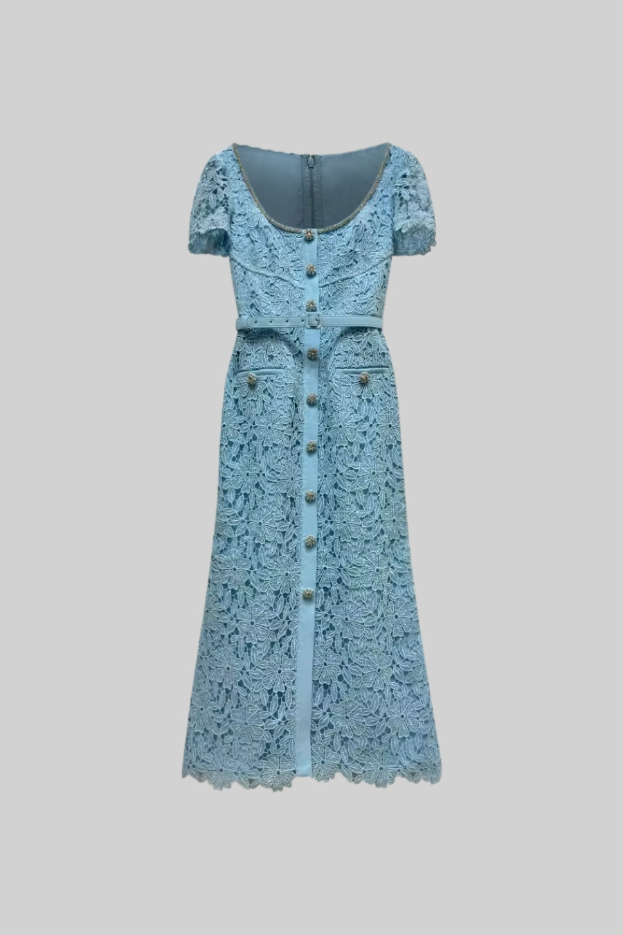 Zartes Azurblaues Spitzen-Midi-Kleid - Babyblau