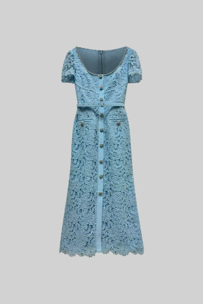 Zartes Azurblaues Spitzen-Midi-Kleid - Babyblau