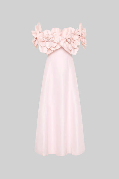 Off-Shoulder Midi-Kleid mit großen Stoffblumenakzenten