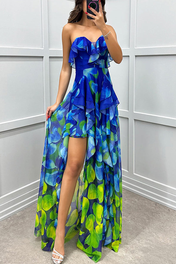 Georgia - Schulterfreies Maxikleid mit Farbverlauf, Print, Volants und Schlitz
