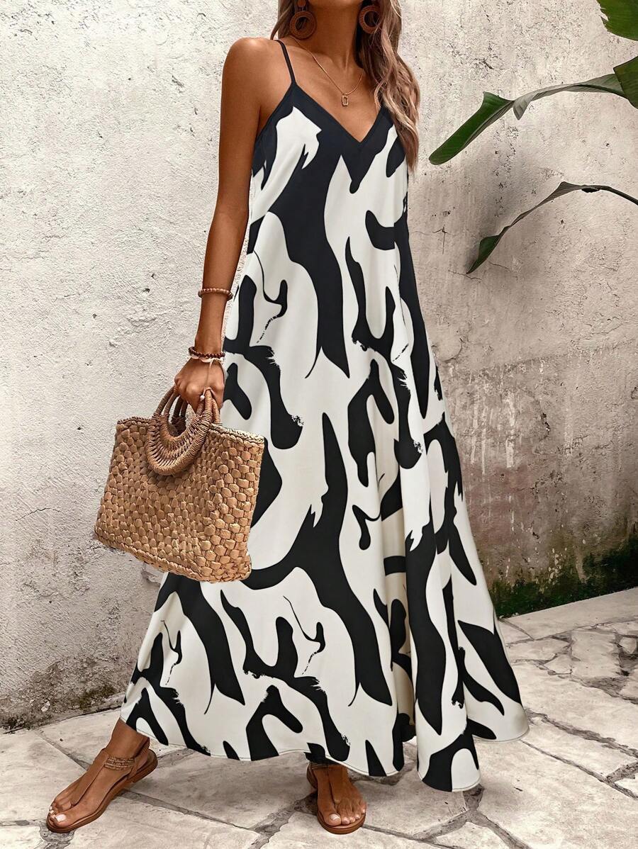 Elena | Sommerkleid mit dünnen Trägern, offenem Rücken und grafischem Druck