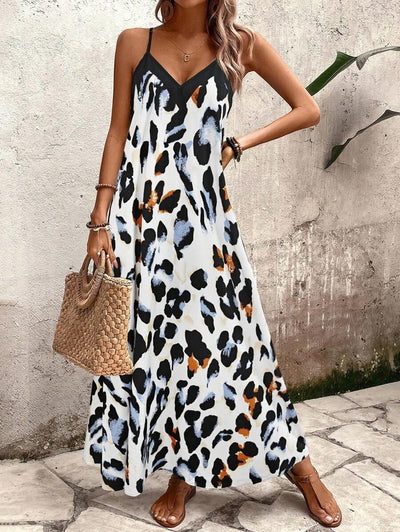 Elena | Sommerkleid mit dünnen Trägern, offenem Rücken und grafischem Druck