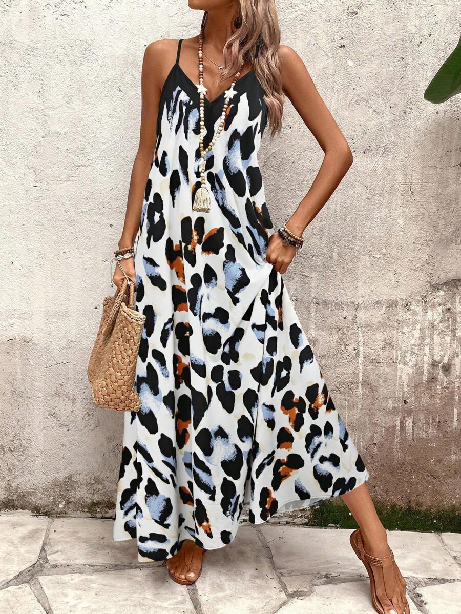 Elena | Sommerkleid mit dünnen Trägern, offenem Rücken und grafischem Druck