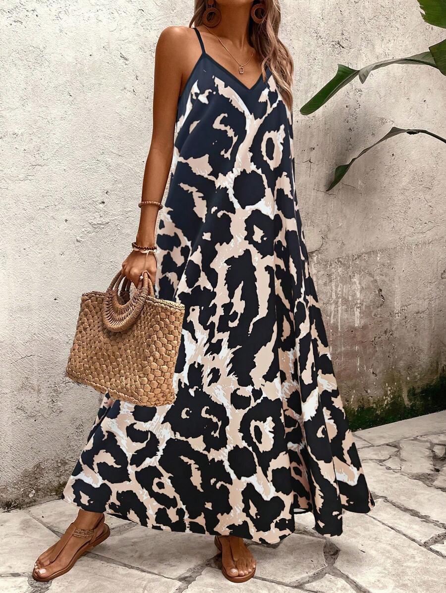 Elena | Sommerkleid mit dünnen Trägern, offenem Rücken und grafischem Druck