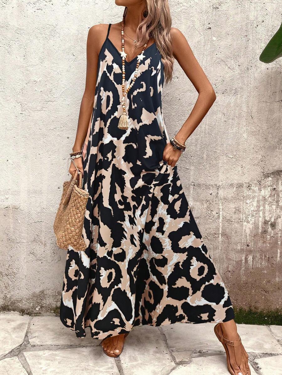 Elena | Sommerkleid mit dünnen Trägern, offenem Rücken und grafischem Druck
