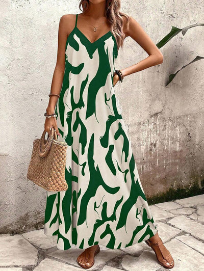 Elena | Sommerkleid mit dünnen Trägern, offenem Rücken und grafischem Druck