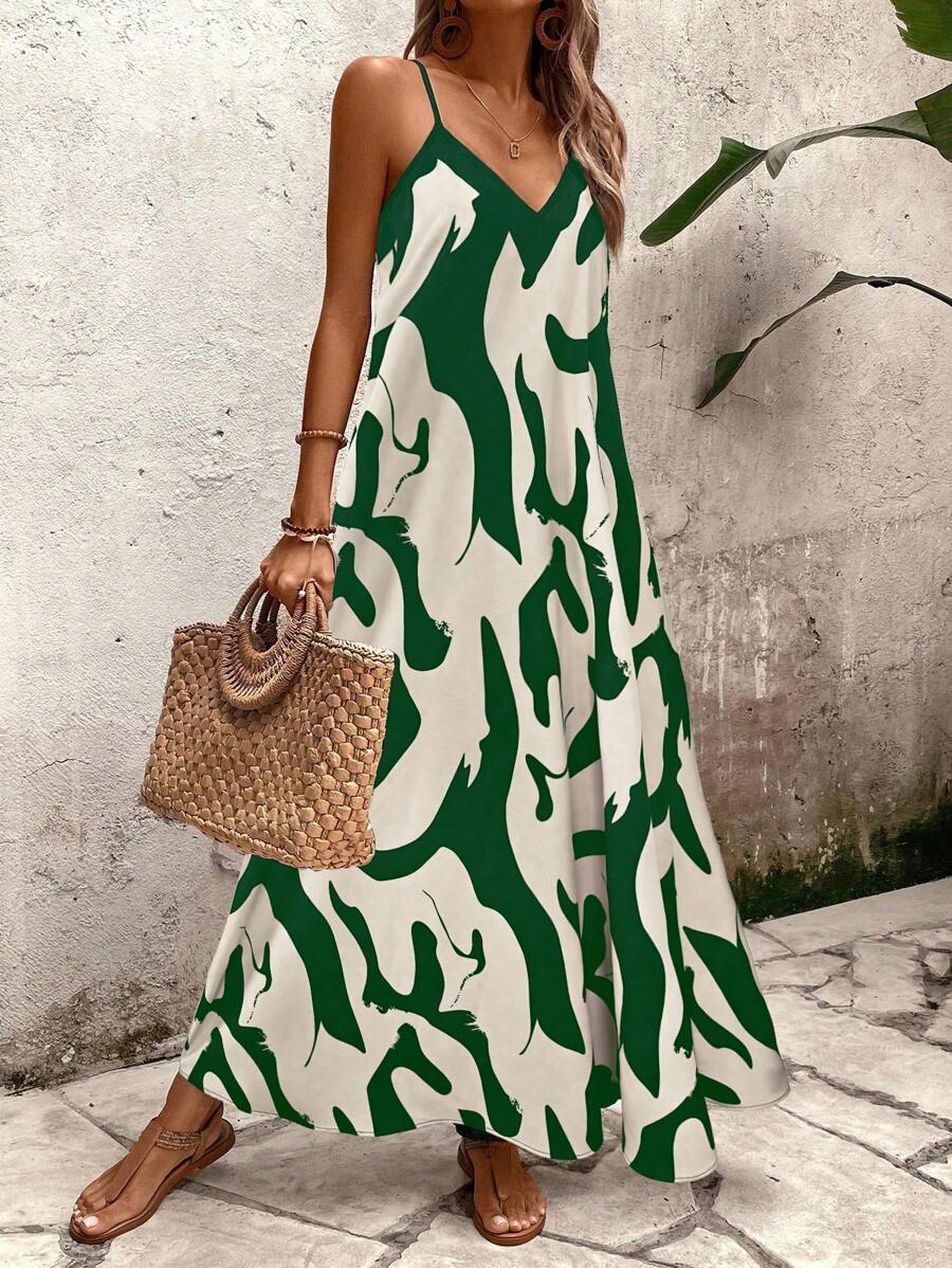 Elena | Sommerkleid mit dünnen Trägern, offenem Rücken und grafischem Druck