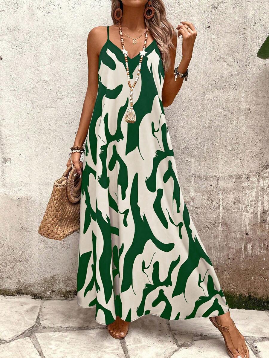 Elena | Sommerkleid mit dünnen Trägern, offenem Rücken und grafischem Druck
