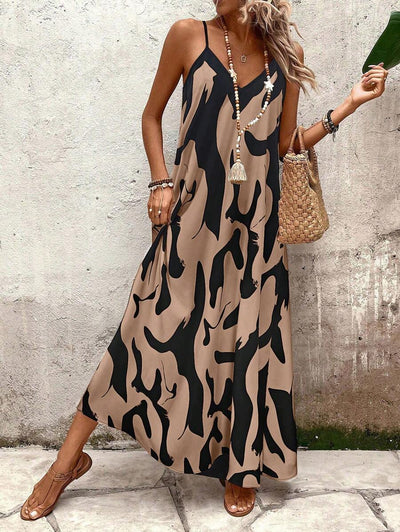 Elena | Sommerkleid mit dünnen Trägern, offenem Rücken und grafischem Druck