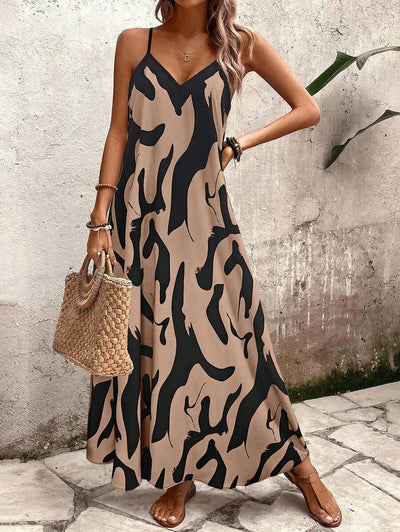 Elena | Sommerkleid mit dünnen Trägern, offenem Rücken und grafischem Druck