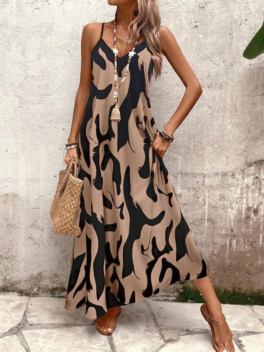 Elena | Sommerkleid mit dünnen Trägern, offenem Rücken und grafischem Druck