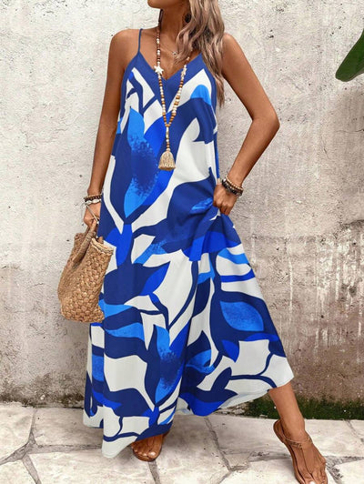 Elena | Sommerkleid mit dünnen Trägern, offenem Rücken und grafischem Druck