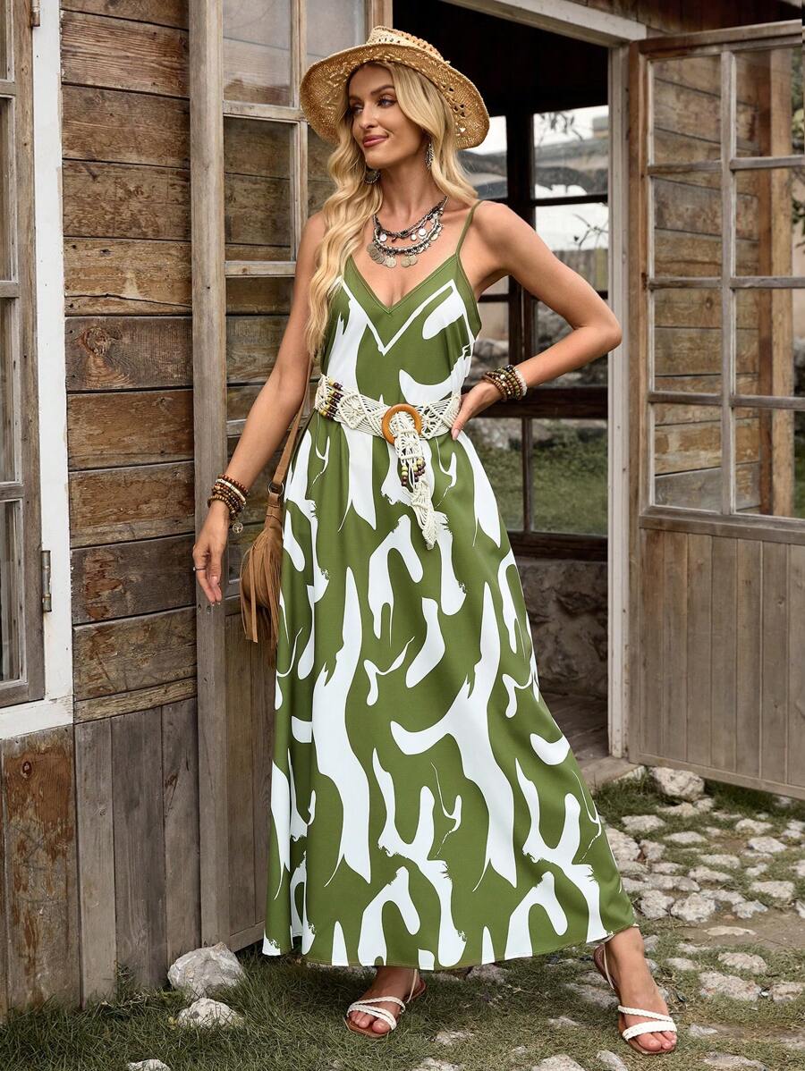 Elena | Sommerkleid mit dünnen Trägern, offenem Rücken und grafischem Druck