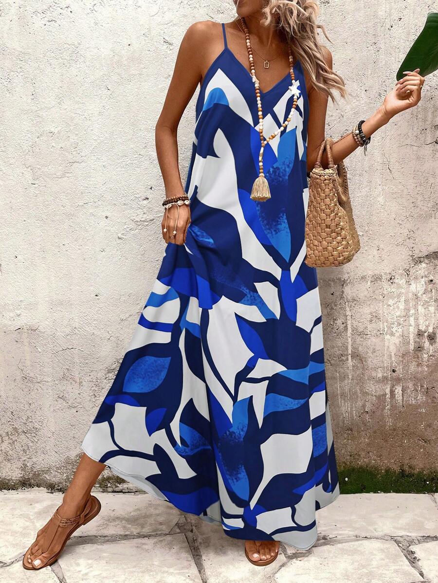 Elena | Sommerkleid mit dünnen Trägern, offenem Rücken und grafischem Druck
