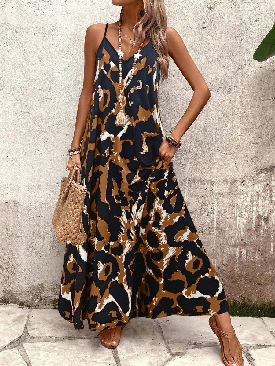 Elena | Sommerkleid mit dünnen Trägern, offenem Rücken und grafischem Druck