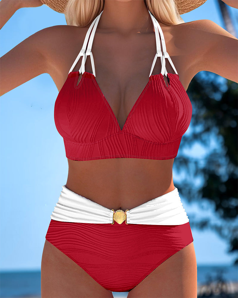 Badeanzug Doppelträger Hohe Taille Kontrastfarbe