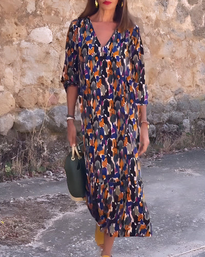 Nathalie | Kleid mit V-Ausschnitt und Retro-Druck