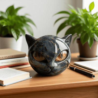 NyxCharm - Mystische schwarze Katzenkopfs Skulptur