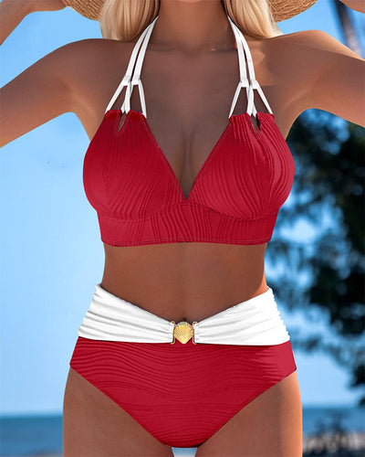 Badeanzug Doppelträger Hohe Taille Kontrastfarbe