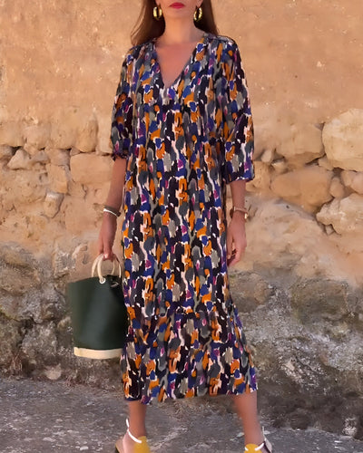 Nathalie | Kleid mit V-Ausschnitt und Retro-Druck