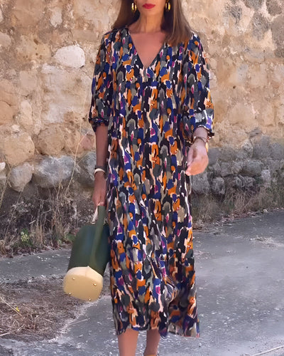 Nathalie | Kleid mit V-Ausschnitt und Retro-Druck