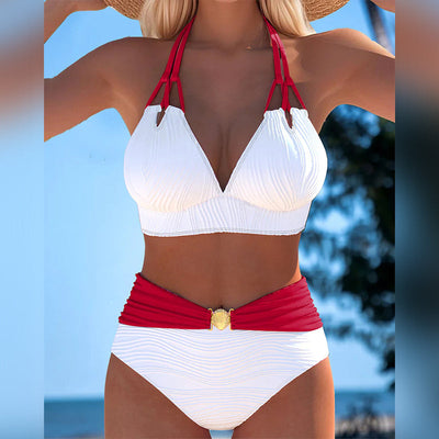 Badeanzug Doppelträger Hohe Taille Kontrastfarbe