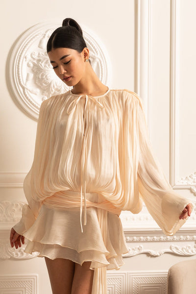 Drapiertes Langarmkleid mit Minirock und gerafftem Taillenbund - Ivoire