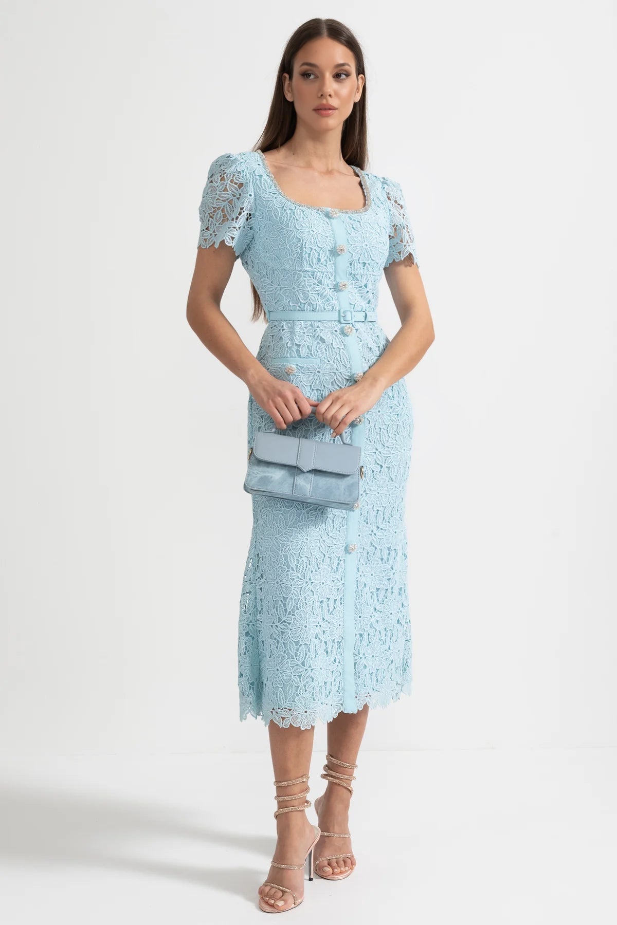 Zartes Azurblaues Spitzen-Midi-Kleid - Babyblau