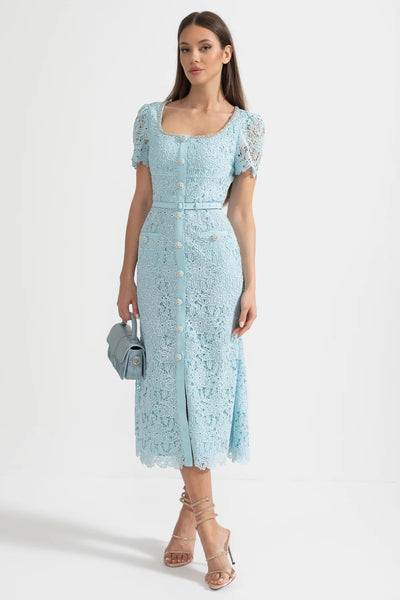 Zartes Azurblaues Spitzen-Midi-Kleid - Babyblau