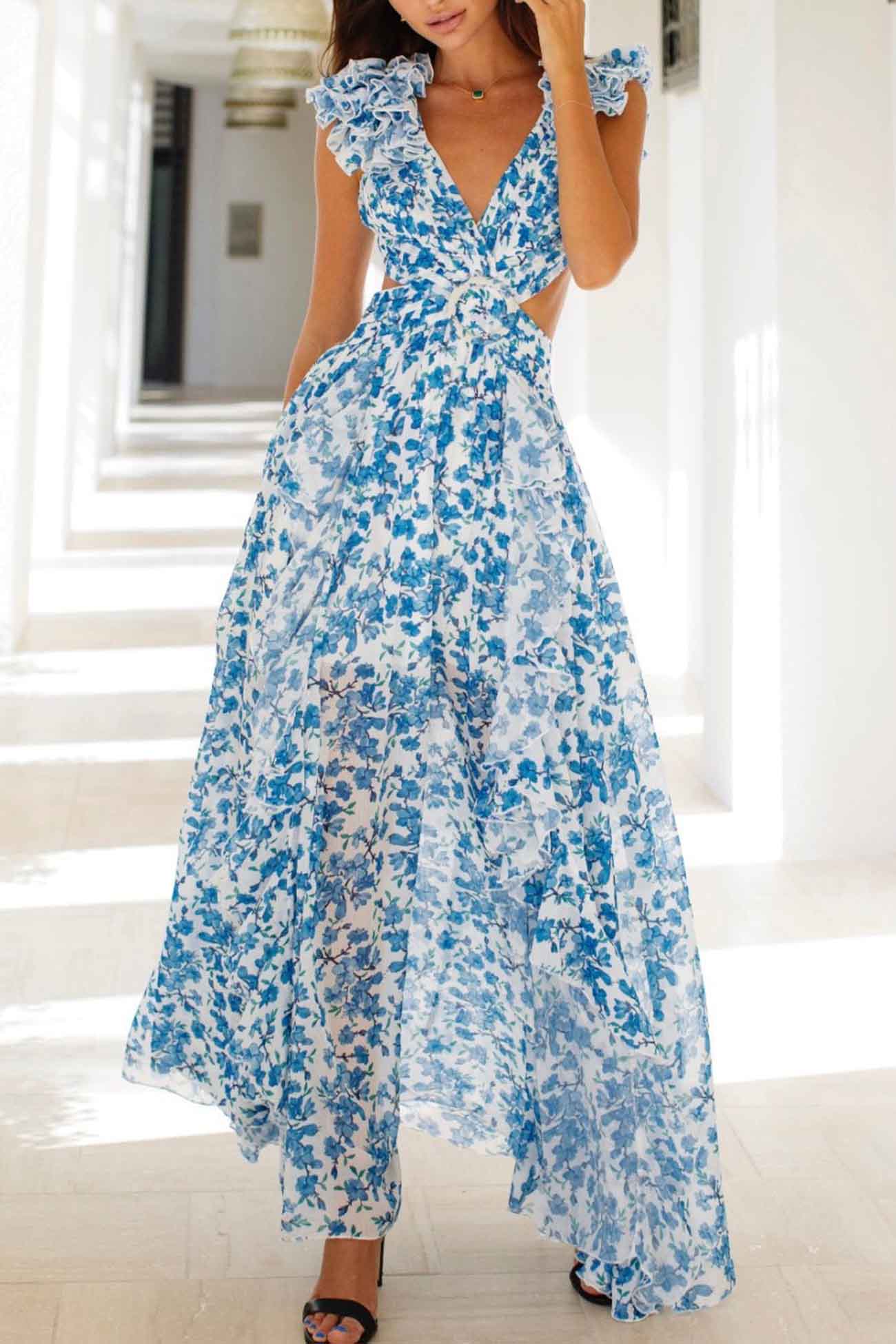 Isadora | Maxikleid mit Rüschensäumen und Ausschnitten