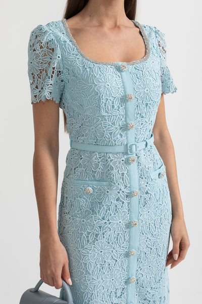 Zartes Azurblaues Spitzen-Midi-Kleid - Babyblau