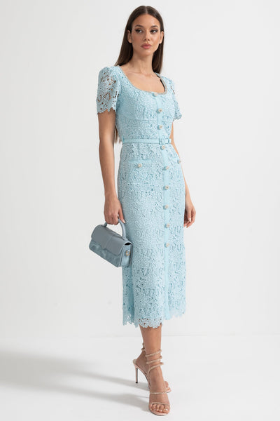 Zartes Azurblaues Spitzen-Midi-Kleid - Babyblau