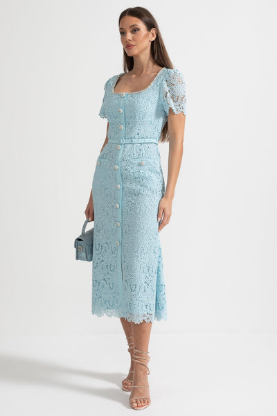 Zartes Azurblaues Spitzen-Midi-Kleid - Babyblau
