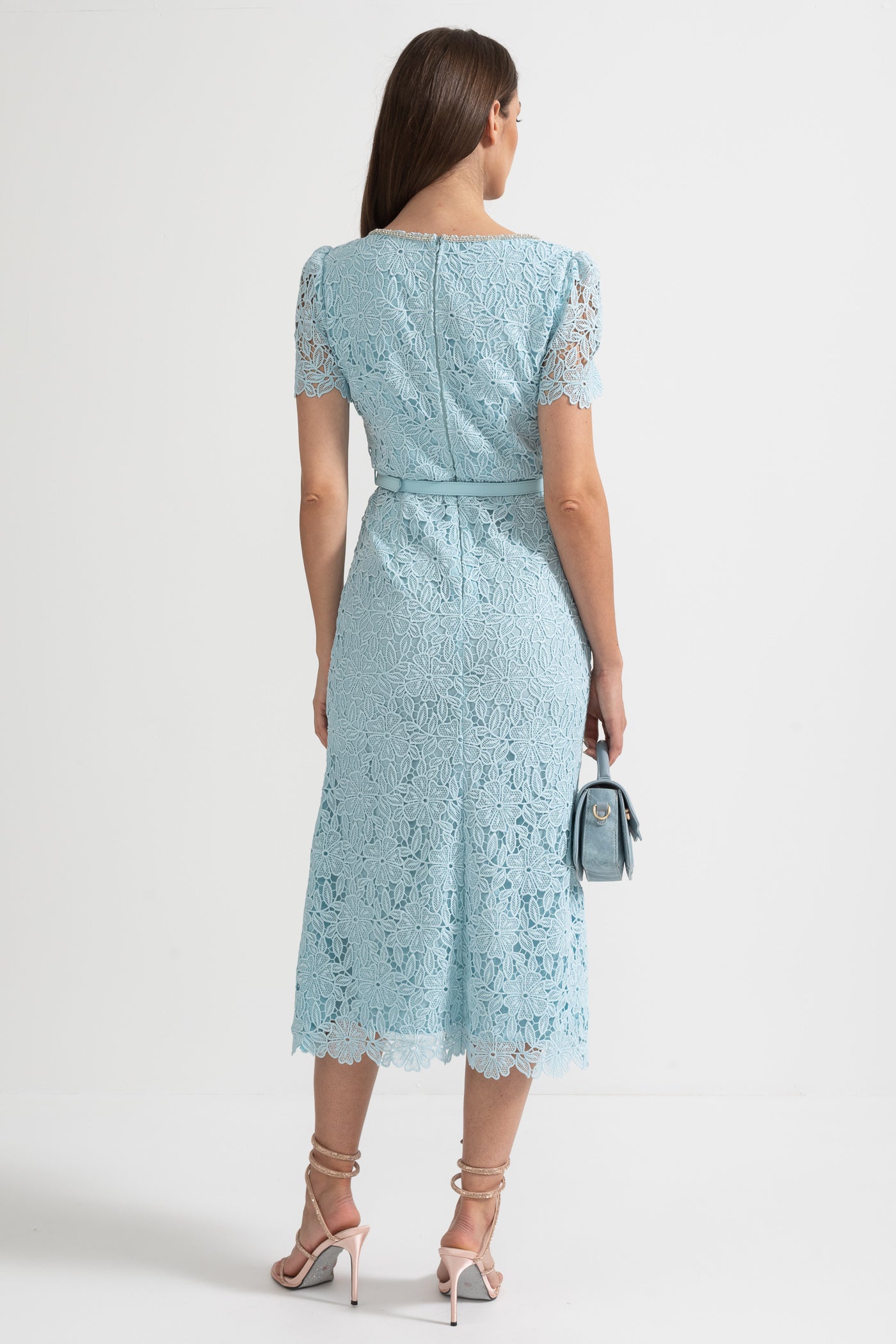 Zartes Azurblaues Spitzen-Midi-Kleid - Babyblau