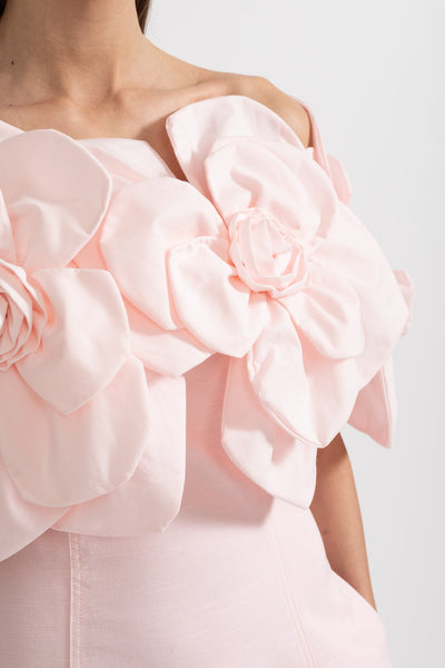 Off-Shoulder Midi-Kleid mit großen Stoffblumenakzenten