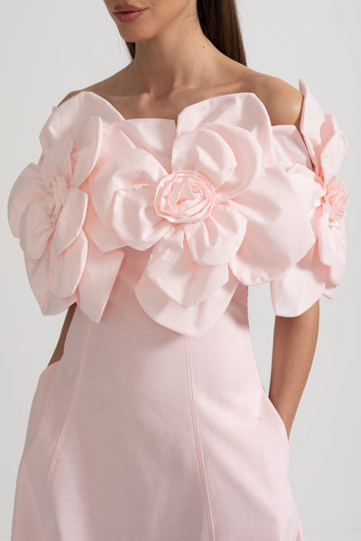 Off-Shoulder Midi-Kleid mit großen Stoffblumenakzenten