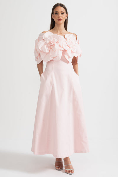 Off-Shoulder Midi-Kleid mit großen Stoffblumenakzenten