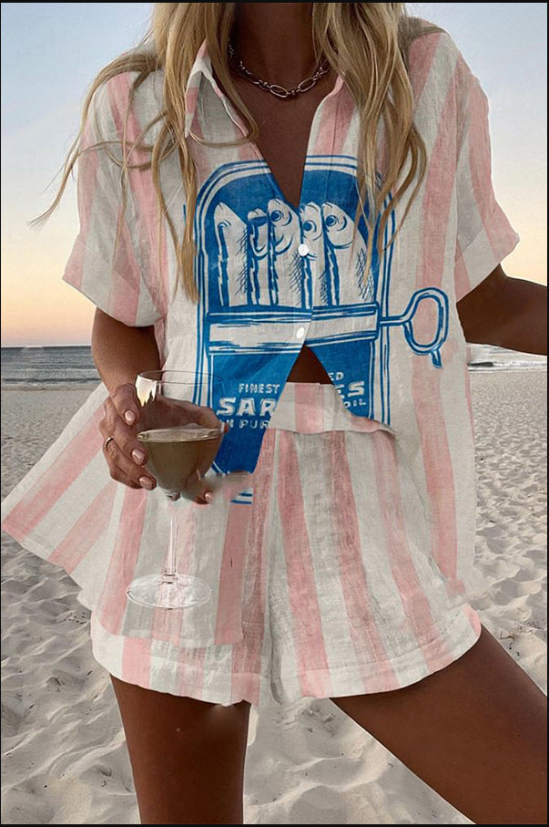 Silava™ | Kurzes Leinen-Outfit mit Sardinen-Druck