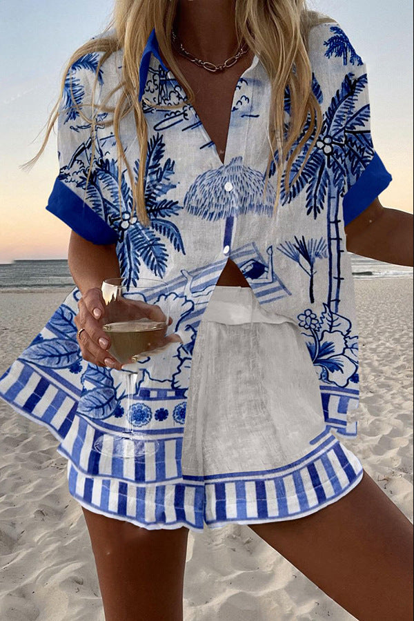 Zanika™ | Kurzes Leinen-Outfit mit Palmendruck