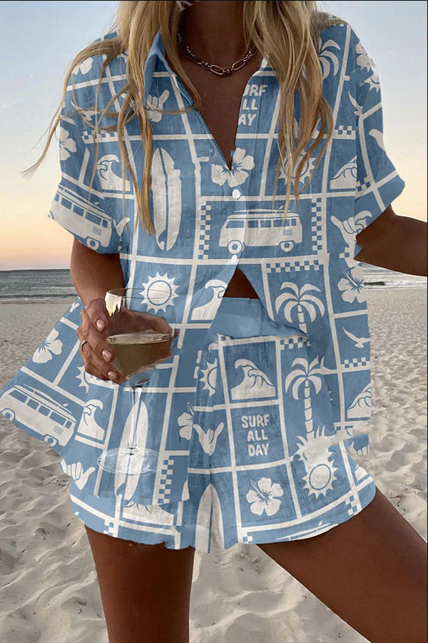 Trenara™ | Kurzes Leinen-Outfit mit Caravan-Druck