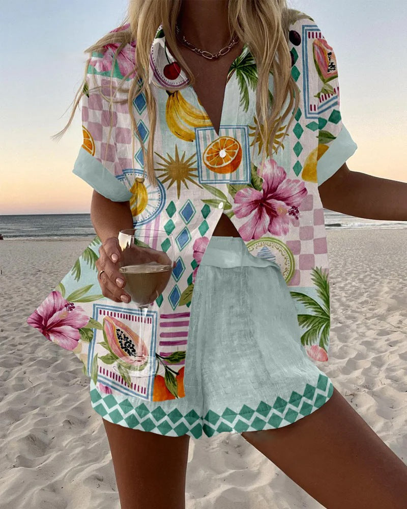 Maevin™ | Kurzes Leinen-Outfit mit Fruchtprint