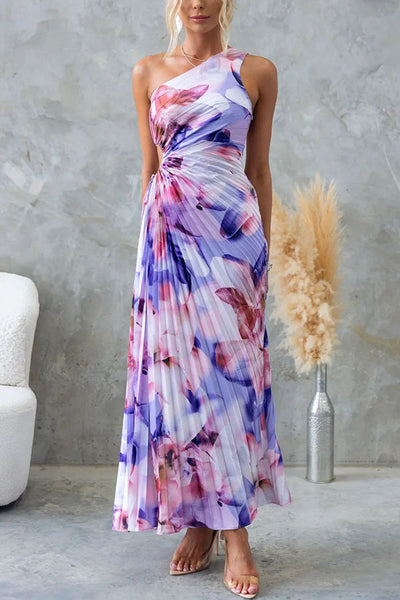 Deja -  Blumenmuster  Ein-Schulter Falten Maxi Kleid