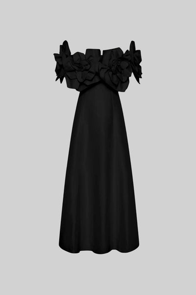 Off-Shoulder Midi-Kleid mit großen Stoffblumenakzenten