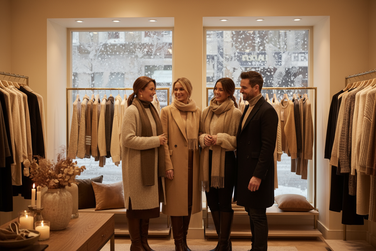 Create a realistic lifestyle image for the homepage of a modern fashion brand named Sierra-Mode.

Scene: a cozy, elegant winter boutique. Four people (two women and two men, different ages) stand together smiling among racks of winter clothing — wool coats, knit sweaters, scarves, and boots in neutral tones (beige, brown, cream, taupe, black).

Warm golden lighting, soft contrast, inviting and trustworthy atmosphere. Add subtle winter details — candles, soft décor, maybe a frosty window or light snowfall vi
