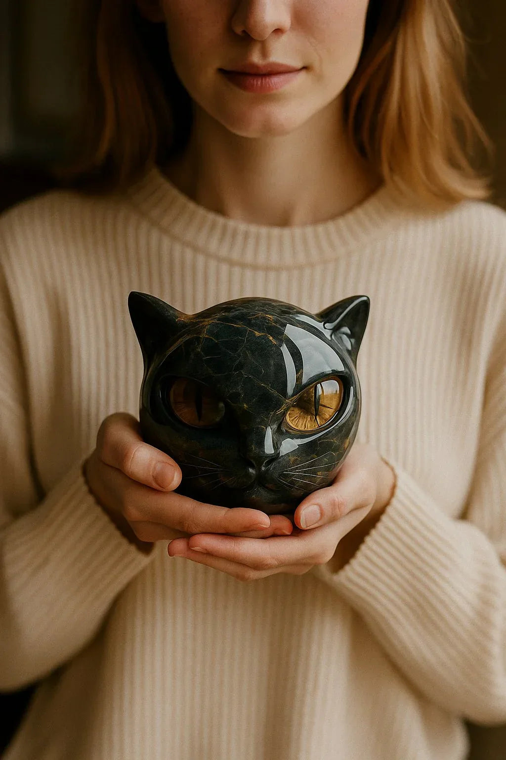 NyxCharm - Mystische schwarze Katzenkopfs Skulptur
