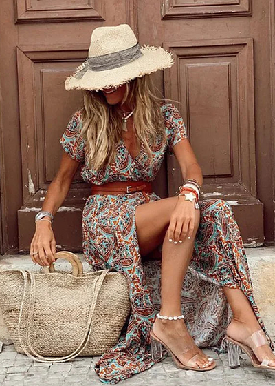 Lange Boho-Robe mit Plisseebund